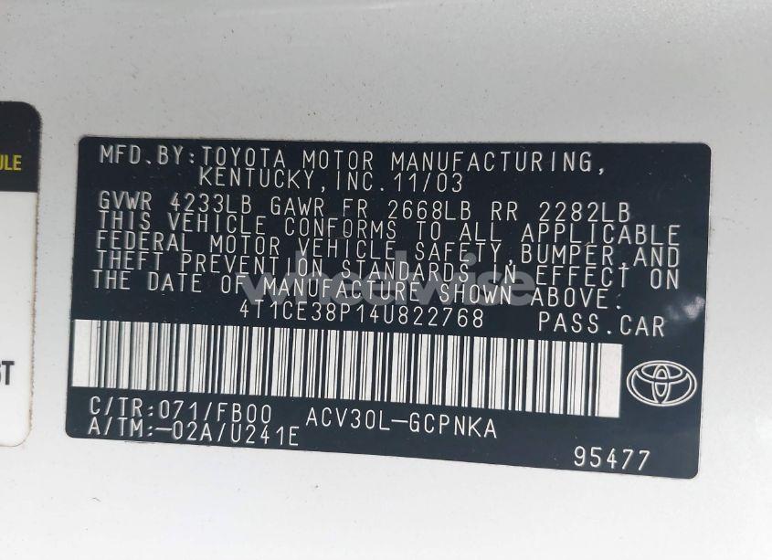 Photo 9 of 2004 Toyota Camry SOLARA SE (VIN 4T1CE38P14U822768)