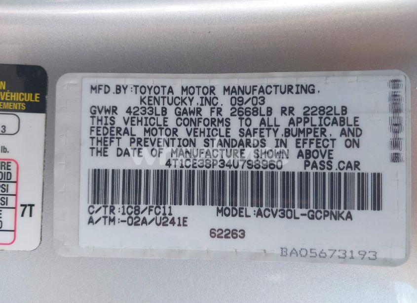 Photo 9 of 2004 Toyota Camry SOLARA SE SPORT (VIN 4T1CE38P34U798960)