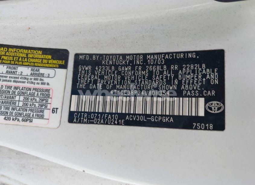 Photo 9 of 2004 Toyota Camry SOLARA SLE (VIN 4T1CE38P34U808354)
