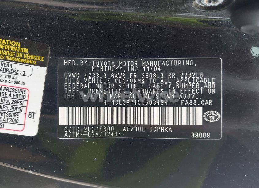 Photo 9 of 2005 Toyota Camry SOLARA SE (VIN 4T1CE38P45U503494)
