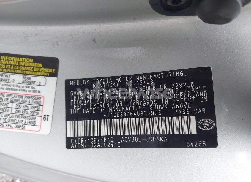 Photo 9 of 2004 Toyota Camry SOLARA SE (VIN 4T1CE38P64U835936)