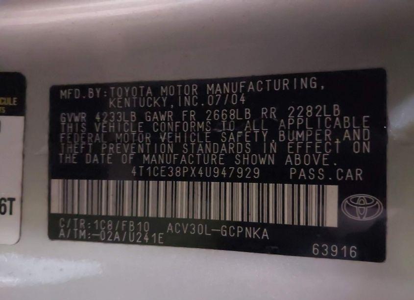 Photo 9 of 2004 Toyota Camry SOLARA SE (VIN 4T1CE38PX4U947929)