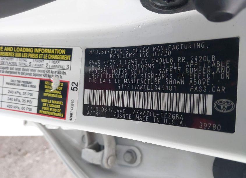 Photo 9 of 2020 Toyota Camry XLE (VIN 4T1F11AK0LU349181)