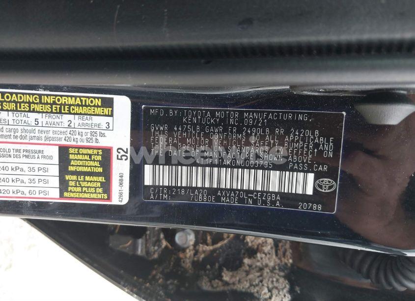 Photo 9 of 2022 Toyota Camry XLE (VIN 4T1F11AK0NU003795)