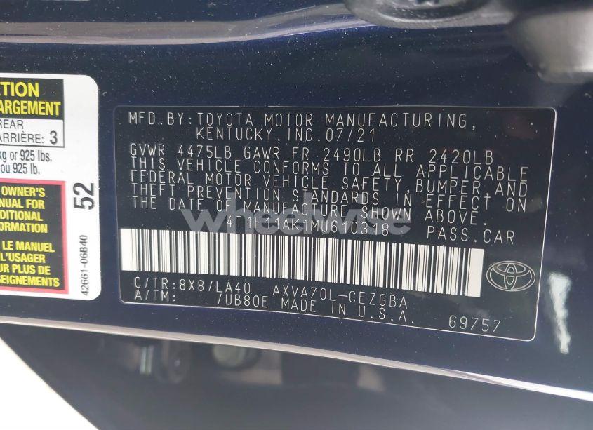 Photo 9 of 2021 Toyota Camry XLE (VIN 4T1F11AK1MU610318)