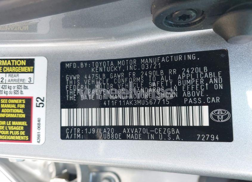 Photo 9 of 2021 Toyota Camry XLE (VIN 4T1F11AK3MU567715)
