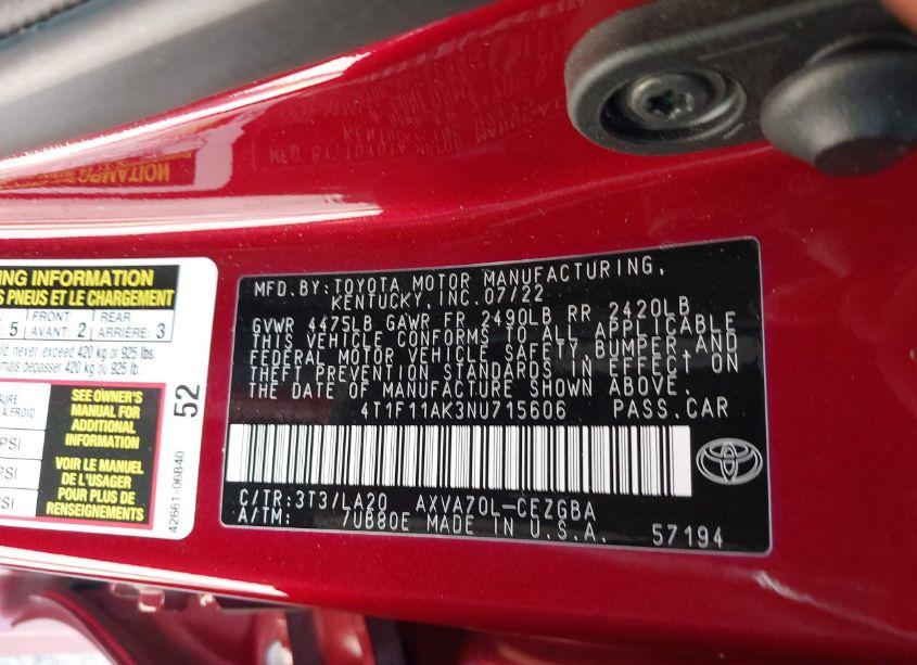 Photo 9 of 2022 Toyota Camry XLE (VIN 4T1F11AK3NU715606)