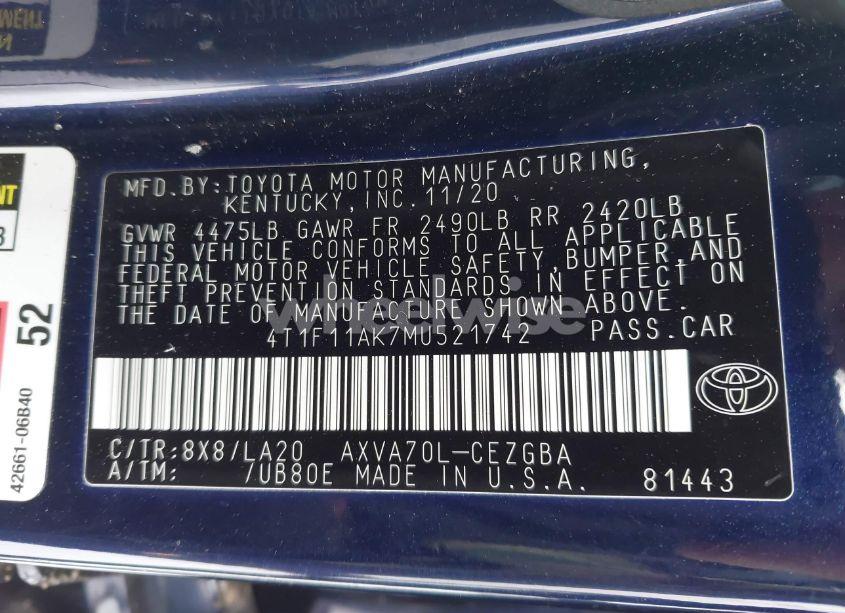 Photo 9 of 2021 Toyota Camry XLE (VIN 4T1F11AK7MU521742)