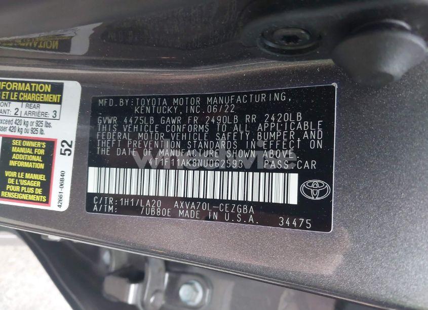 Photo 9 of 2022 Toyota Camry XLE (VIN 4T1F11AK8NU062593)