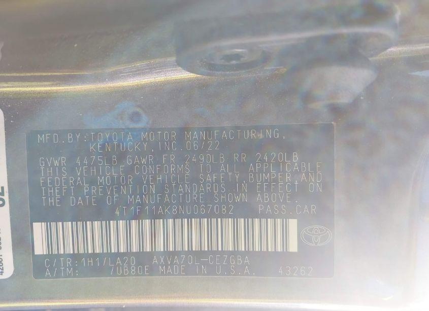 Photo 9 of 2022 Toyota Camry XLE (VIN 4T1F11AK8NU067082)