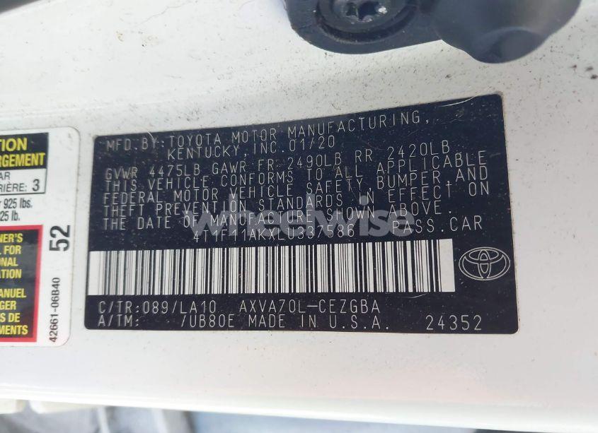 Photo 9 of 2020 Toyota Camry XLE (VIN 4T1F11AKXLU337586)