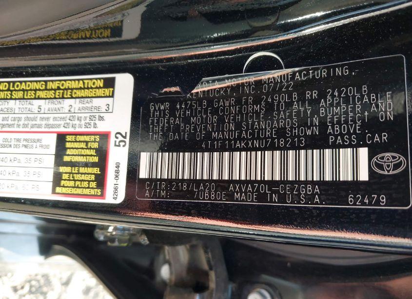 Photo 9 of 2022 Toyota Camry XLE (VIN 4T1F11AKXNU718213)