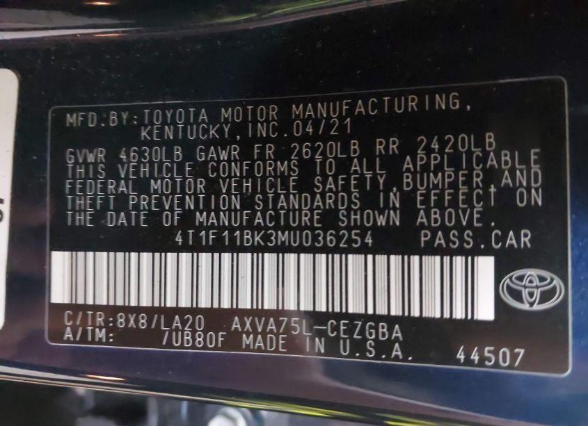 Photo 9 of 2021 Toyota Camry XLE AWD (VIN 4T1F11BK3MU036254)