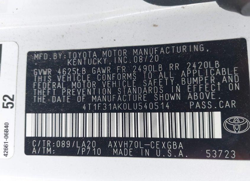 Photo 9 of 2020 Toyota Camry XLE HYBRID (VIN 4T1F31AK0LU540514)