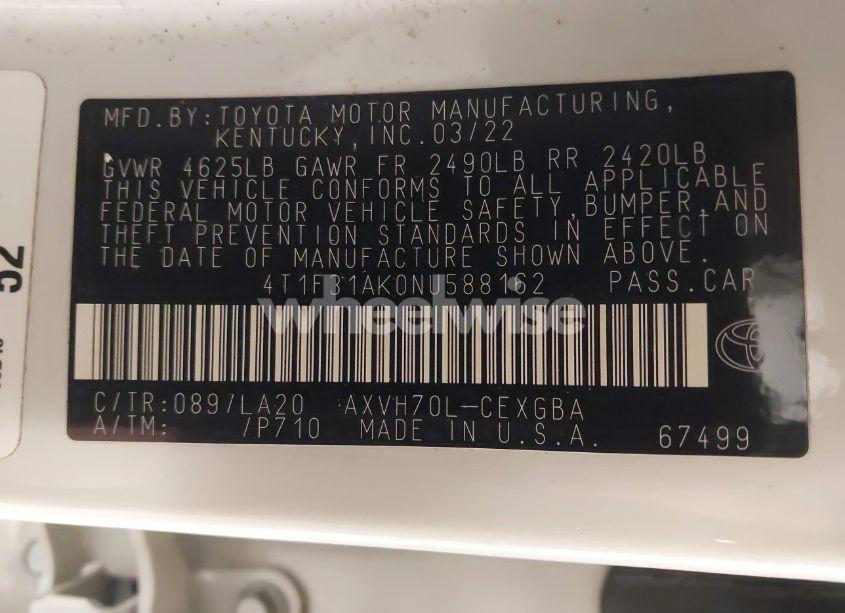 Photo 9 of 2022 Toyota Camry XLE HYBRID (VIN 4T1F31AK0NU588162)