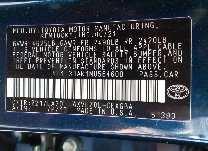 Photo 9 of 2021 Toyota Camry XLE HYBRID (VIN 4T1F31AK1MU564600)