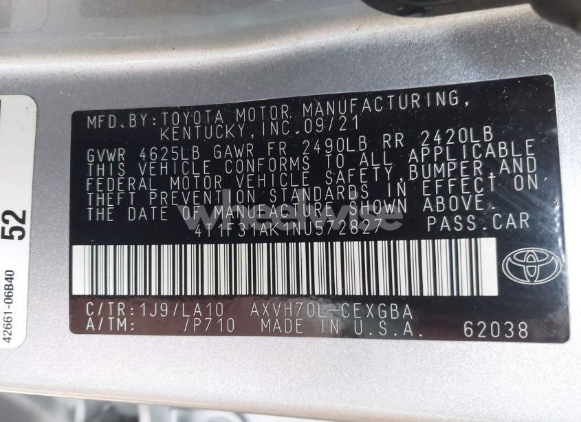 Photo 9 of 2022 Toyota Camry XLE HYBRID (VIN 4T1F31AK1NU572827)