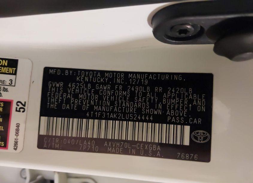 Photo 9 of 2020 Toyota Camry XLE HYBRID (VIN 4T1F31AK2LU524444)