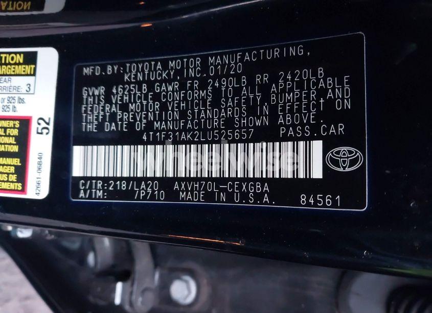 Photo 9 of 2020 Toyota Camry XLE HYBRID (VIN 4T1F31AK2LU525657)
