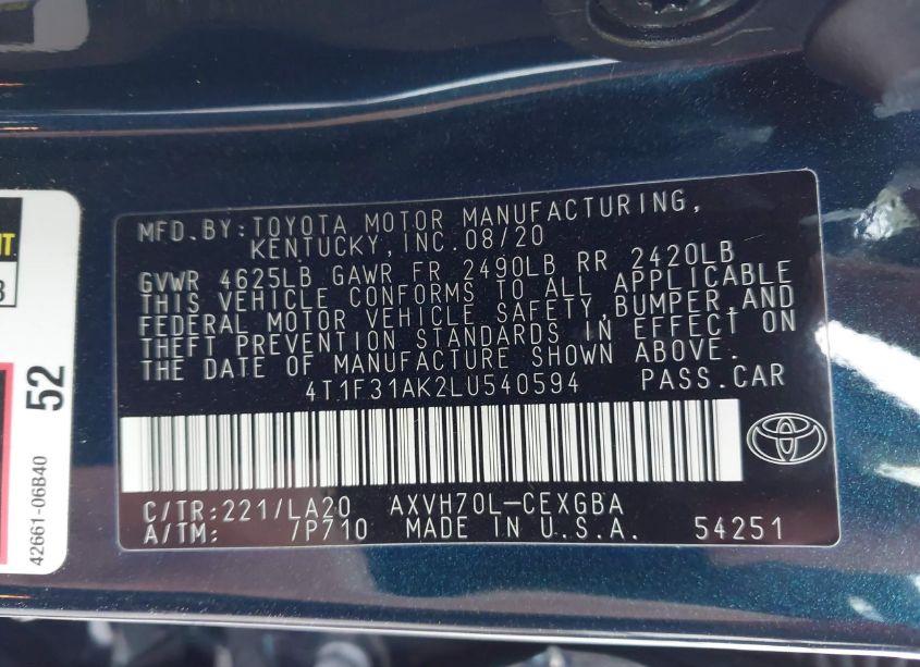 Photo 9 of 2020 Toyota Camry XLE HYBRID (VIN 4T1F31AK2LU540594)