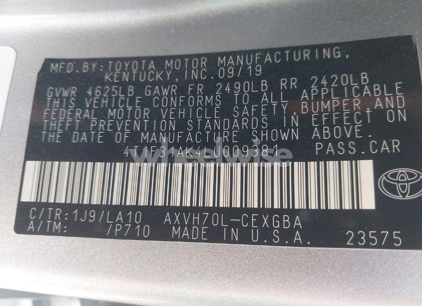 Photo 9 of 2020 Toyota Camry XLE HYBRID (VIN 4T1F31AK4LU009381)