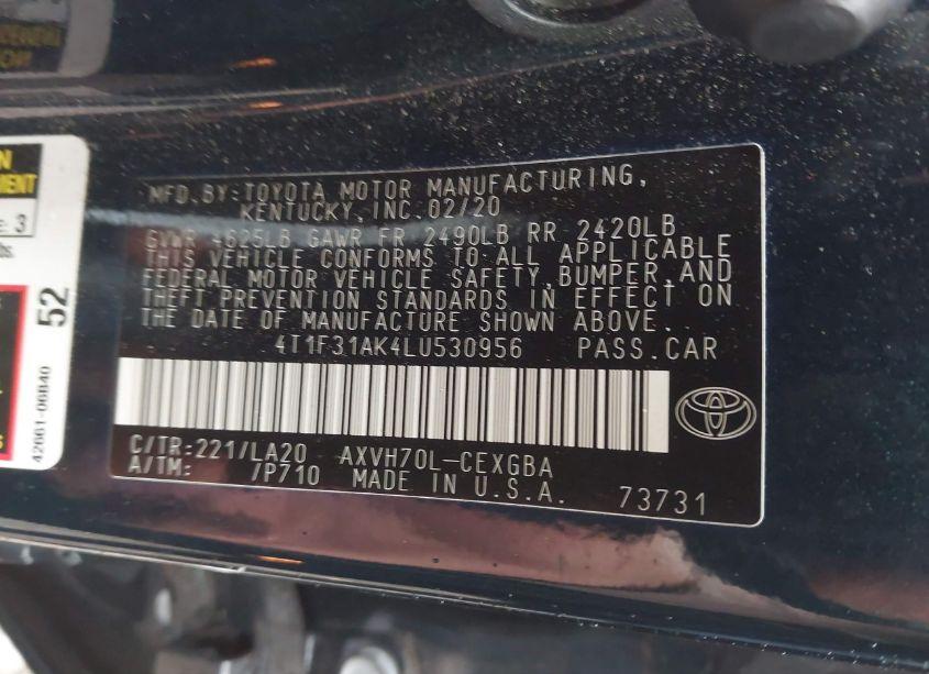 Photo 8 of 2020 Toyota Camry XLE HYBRID (VIN 4T1F31AK4LU530956)