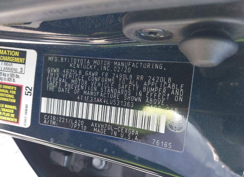 Photo 9 of 2020 Toyota Camry XLE HYBRID (VIN 4T1F31AK4LU531363)