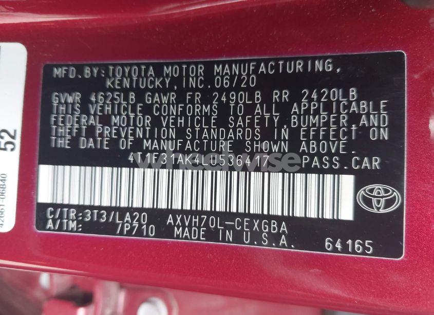 Photo 9 of 2020 Toyota Camry XLE HYBRID (VIN 4T1F31AK4LU536417)