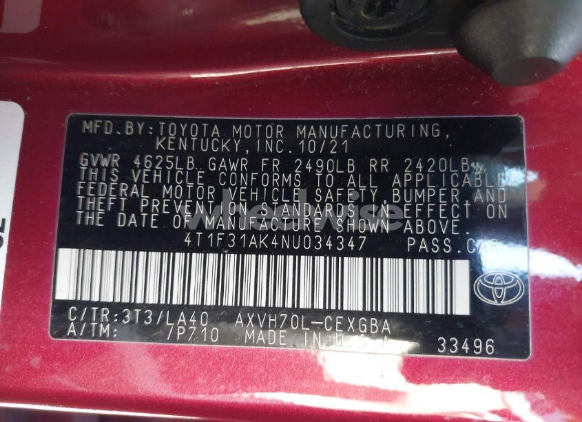 Photo 9 of 2022 Toyota Camry XLE HYBRID (VIN 4T1F31AK4NU034347)