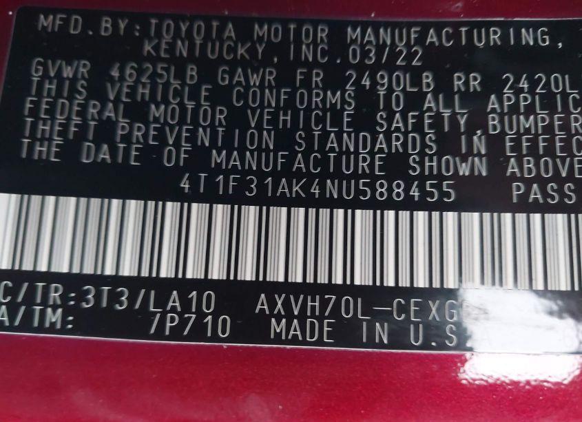 Photo 9 of 2022 Toyota Camry XLE HYBRID (VIN 4T1F31AK4NU588455)