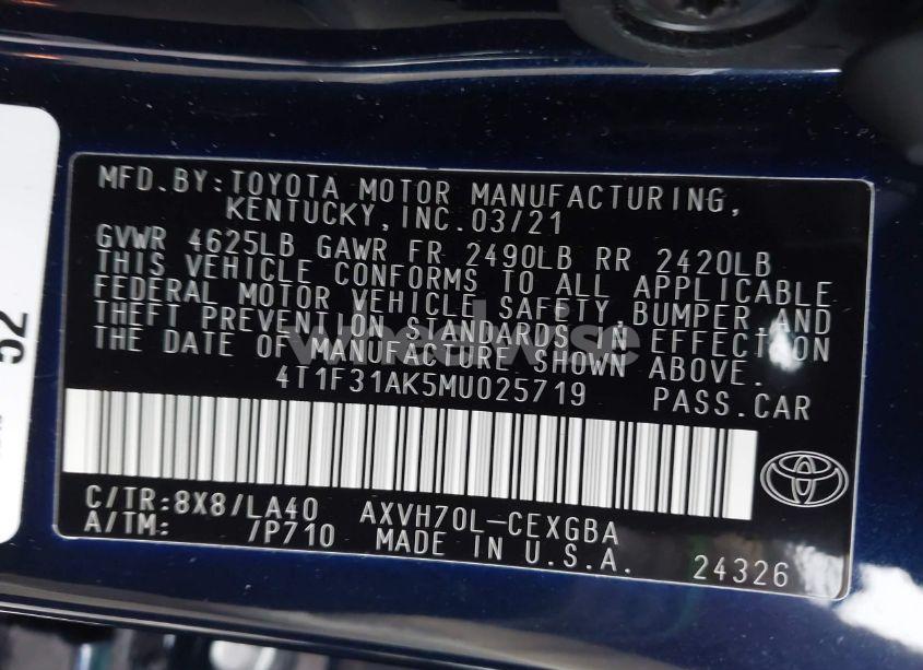 Photo 9 of 2021 Toyota Camry XLE HYBRID (VIN 4T1F31AK5MU025719)