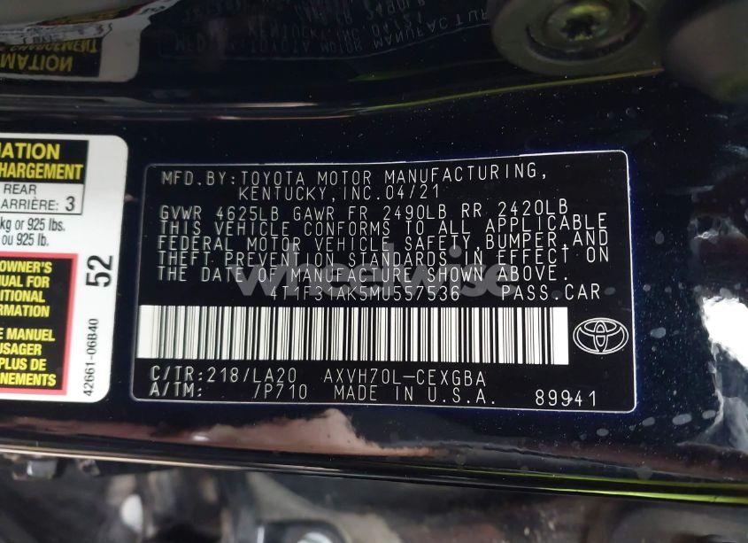 Photo 9 of 2021 Toyota Camry XLE (VIN 4T1F31AK5MU557536)