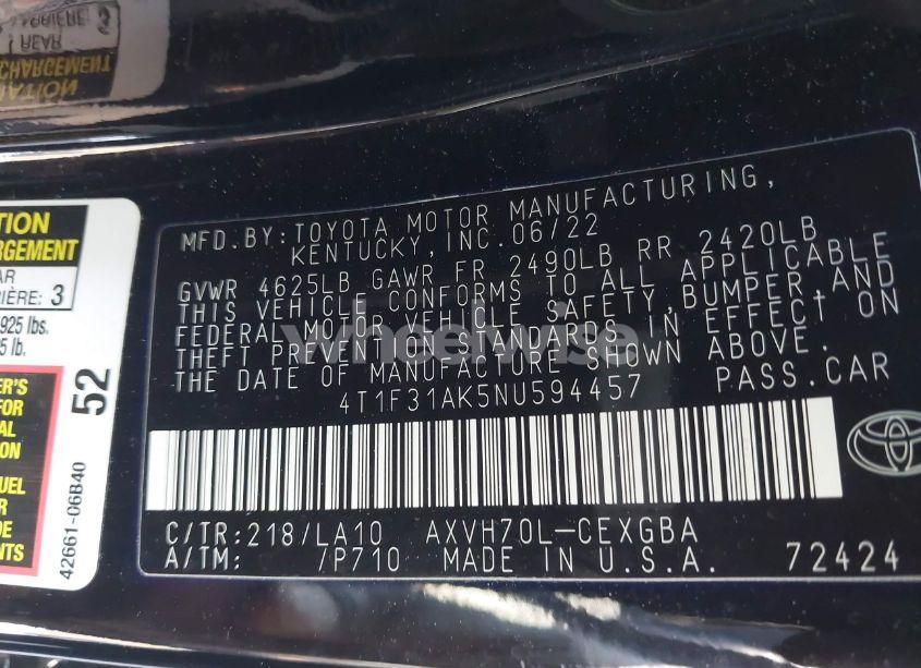 Photo 9 of 2022 Toyota Camry XLE HYBRID (VIN 4T1F31AK5NU594457)