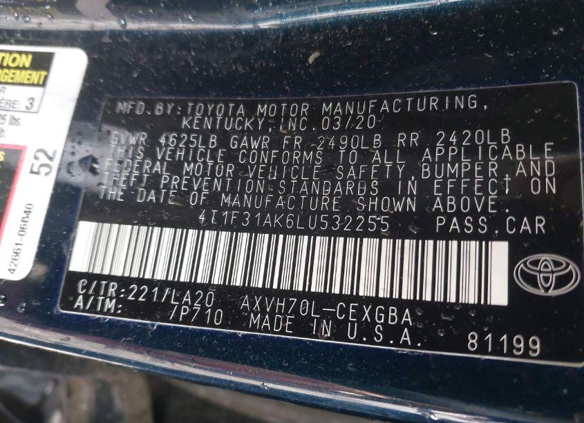 Photo 9 of 2020 Toyota Camry XLE HYBRID (VIN 4T1F31AK6LU532255)