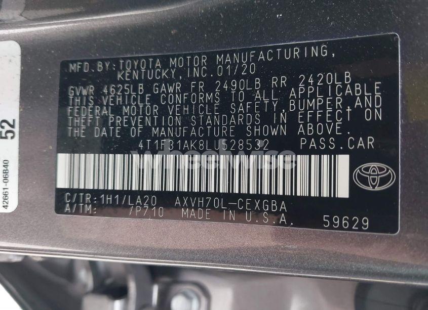 Photo 9 of 2020 Toyota Camry XLE HYBRID (VIN 4T1F31AK8LU528532)