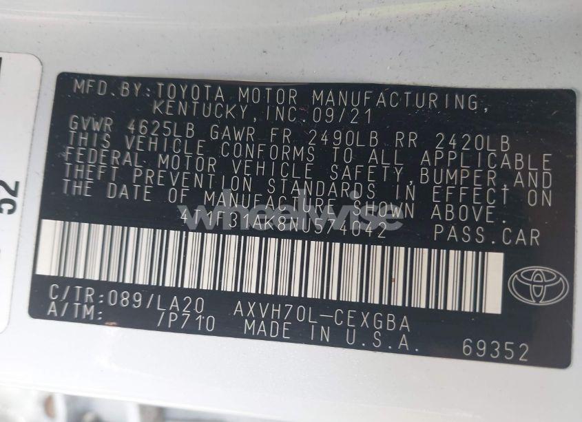 Photo 9 of 2022 Toyota Camry XLE HYBRID (VIN 4T1F31AK8NU574042)