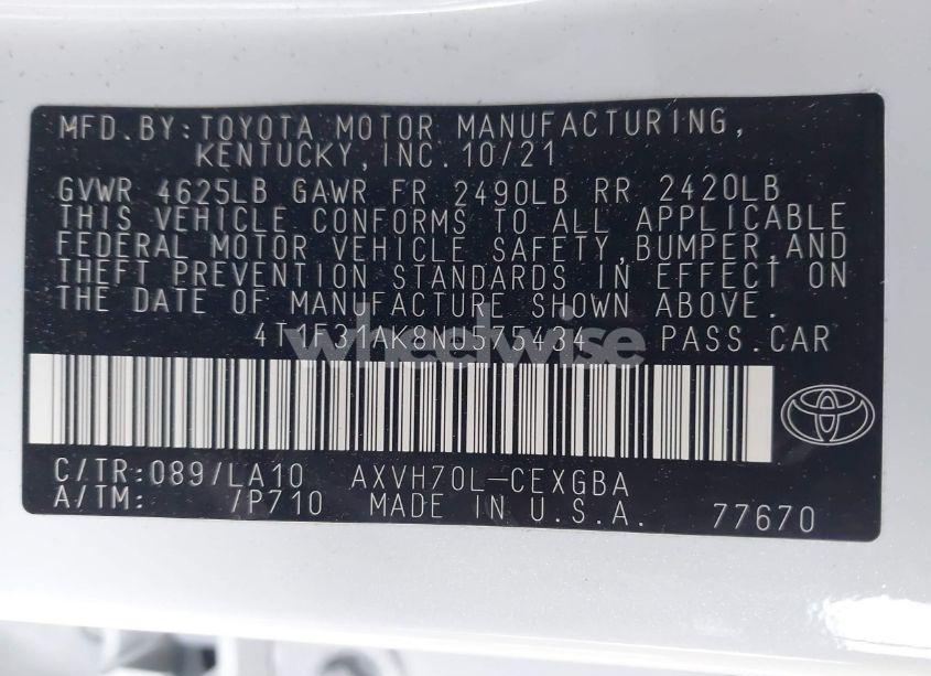 Photo 9 of 2022 Toyota Camry XLE HYBRID (VIN 4T1F31AK8NU575434)