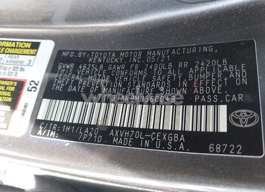 Photo 9 of 2021 Toyota Camry XLE HYBRID (VIN 4T1F31AK9MU560049)