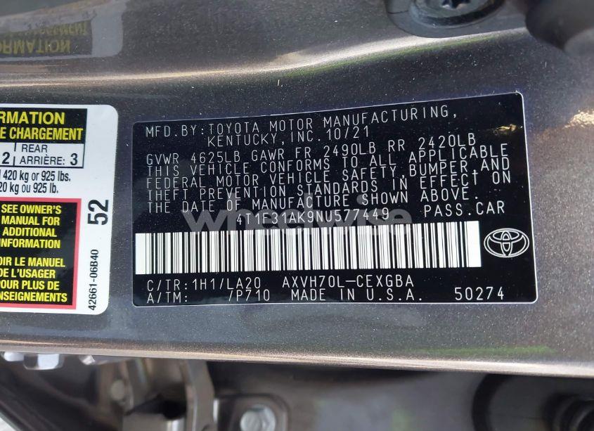 Photo 9 of 2022 Toyota Camry XLE HYBRID (VIN 4T1F31AK9NU577449)