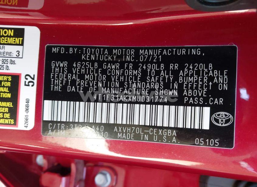 Photo 9 of 2021 Toyota Camry XLE (VIN 4T1F31AKXMU031774)