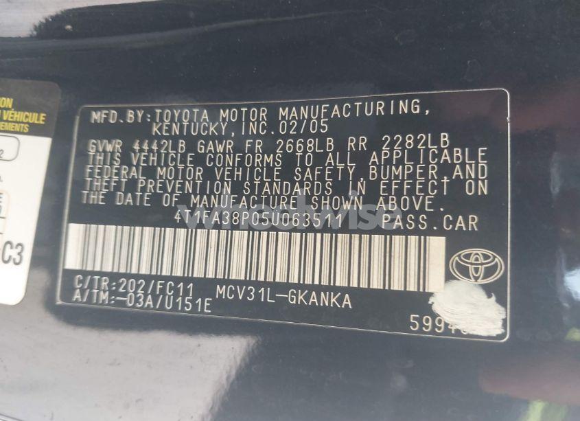 Photo 9 of 2005 Toyota Camry SOLARA SE (VIN 4T1FA38P05U063511)