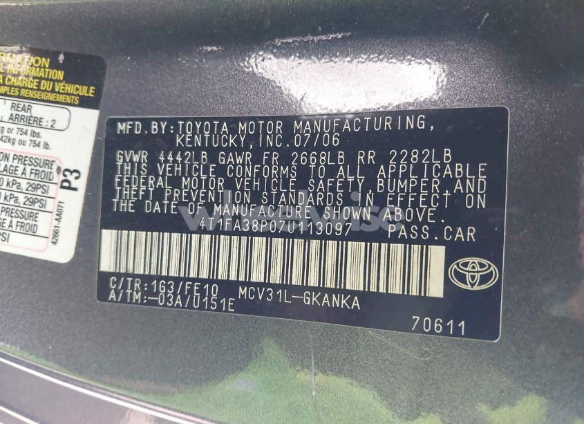 Photo 9 of 2007 Toyota Camry SOLARA SE (VIN 4T1FA38P07U113097)