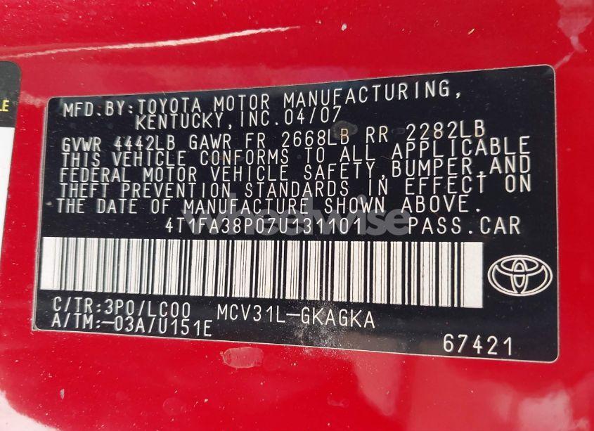 Photo 9 of 2007 Toyota Camry SOLARA SLE (VIN 4T1FA38P07U131101)