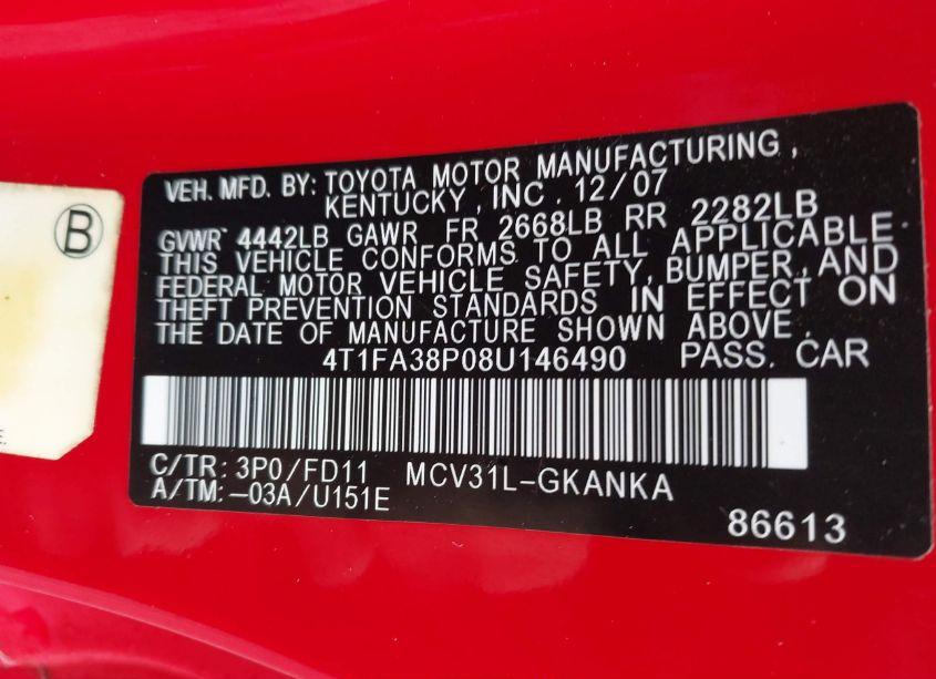 Photo 9 of 2008 Toyota Camry SOLARA SPORT (VIN 4T1FA38P08U146490)