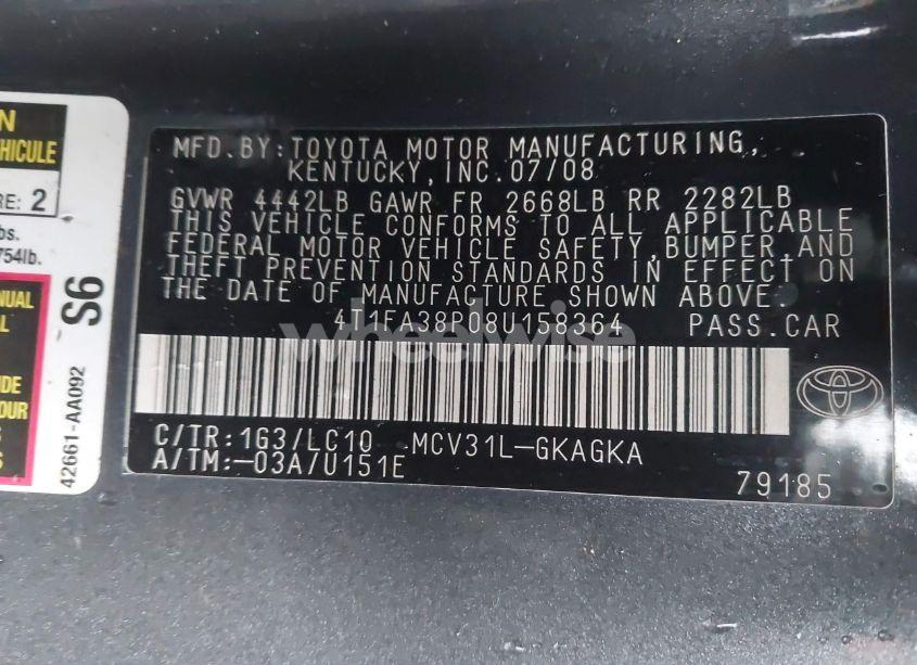 Photo 9 of 2008 Toyota Camry SOLARA SLE (VIN 4T1FA38P08U158364)