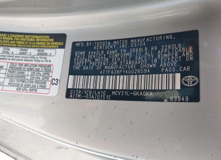 Photo 9 of 2004 Toyota Camry SOLARA SLE (VIN 4T1FA38P14U026594)