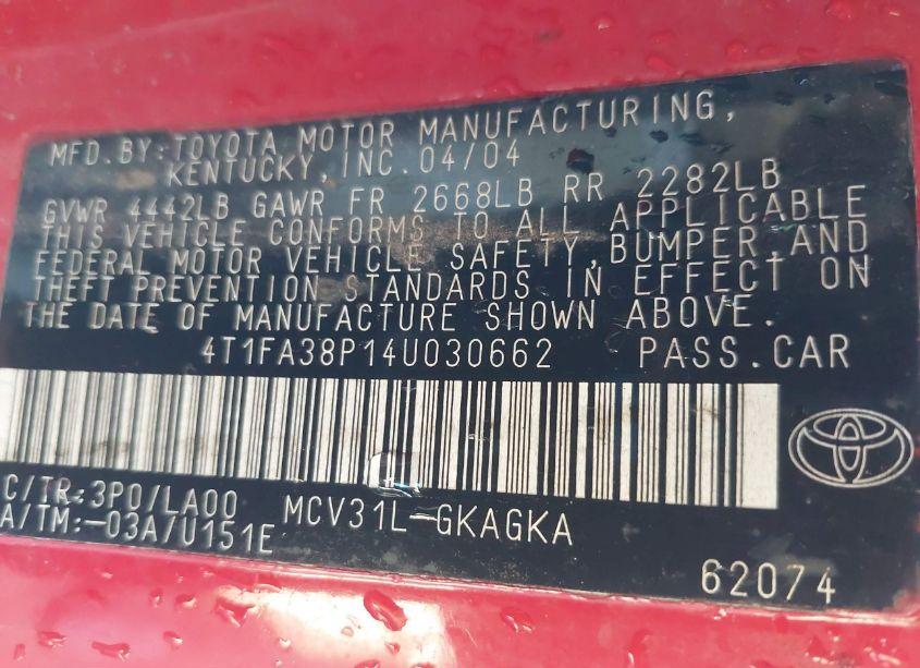 Photo 9 of 2004 Toyota Camry SOLARA SLE (VIN 4T1FA38P14U030662)