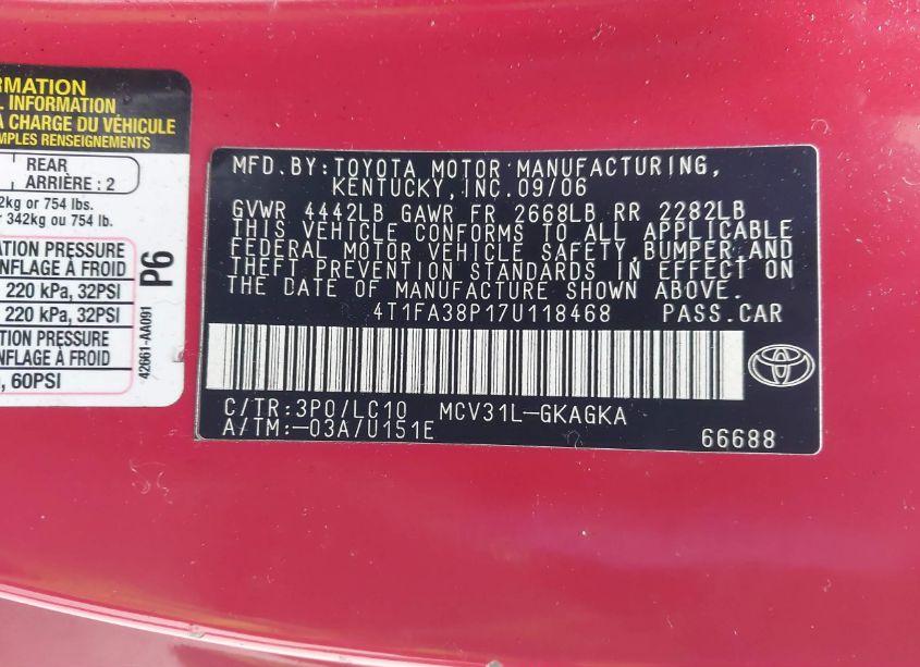 Photo 9 of 2007 Toyota Camry SOLARA SLE (VIN 4T1FA38P17U118468)