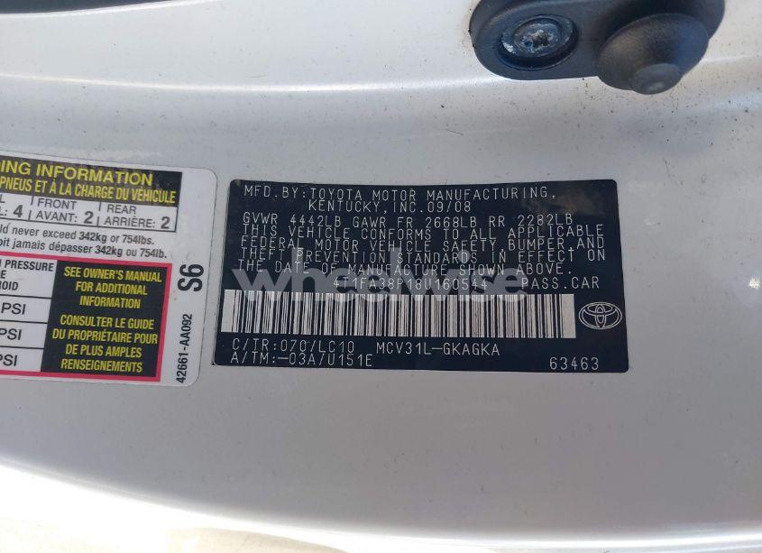 Photo 9 of 2008 Toyota Camry SOLARA SLE (VIN 4T1FA38P18U160544)