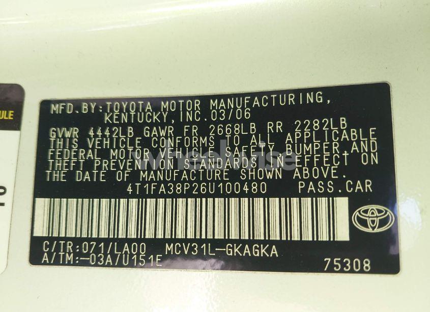 Photo 9 of 2006 Toyota Camry SOLARA SLE (VIN 4T1FA38P26U100480)